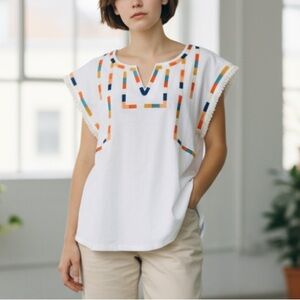 THML Embroidered Fringe Short Sleeve Top size S